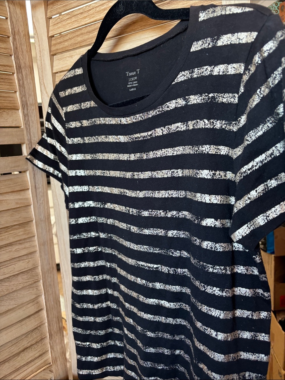J. Crew Black Tee with Metallic Gold Stripes Large